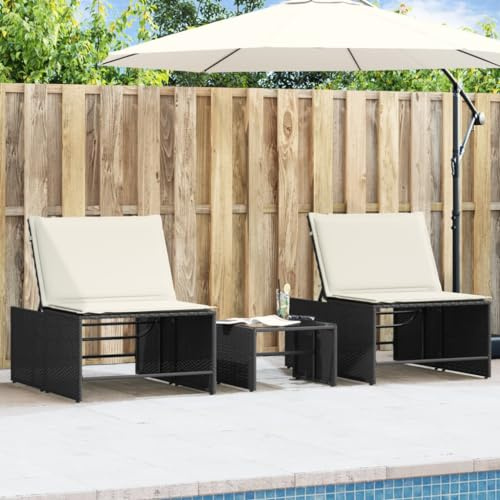 Mandloder Modulare Sonnenliegen Set 2 STK. Schwarz Poly Rattan mit Tisch, verstellbare Rückenlehne für Garten & Terrasse. Wetterfester Liegestuhl, Bequeme Chaiselongue, Strandstuhl & Sonnenliege