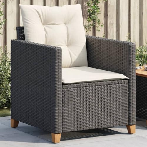 Fangmaliuyun Schwarzer Gartensessel Poly Rattan 61 x 67 x 69 cm UV-beständig mit waschbarem Cremekissen und verstellbaren Akazienfüßen für Garten Balkon und Terrasse
