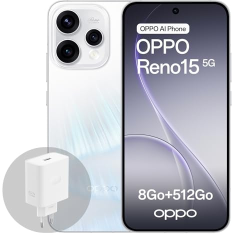 OPPO Reno15 5G Smartphone Android, 8 + 512 GB, pantalla AMOLED de 6,59 pulgadas, 120 Hz, HDR10+, Retrato Teléfono Vibe 3.5X, Batería 6500 mAh, Snapdragon 7 Gen 4, IP69, con cargador 80 W SuperVOOC