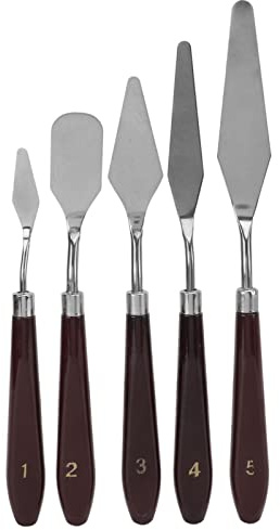 Adfaga Professional Stainless Steel Palette Set 5Pcs Flexible Abstract Painting Knife with Ergonomic Wooden Handle for Artists and Cake Decorators Silver Brown
