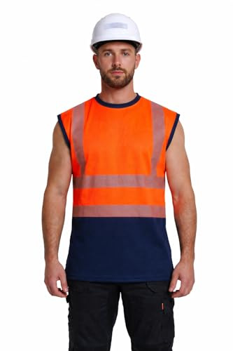 Mens Hi Vis Sleeveless T-Shirt 2 Tone Reflective Safety Work Vest High Visibility Workwear Top Breathable Lightweight S-5XL