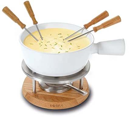 BOSKA Bianco-Juego de Fondue para Queso, Color Plateado, Cerámica, Blanco Marrón Plata, 30 x 22 x 19 cm