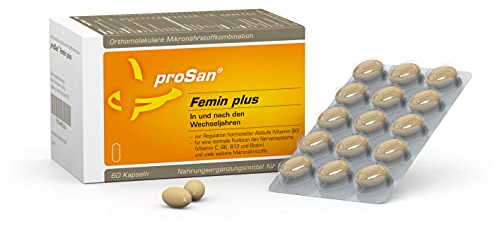 proSan Femin plus für die Wechseljahre | pflanzlich & hormonfrei durch die Menopause | 60 Kapseln | Isoflavone, Lignane, Vitamine, Mineralien, Carotinoide, Coenzym Q10, Omega-3, Nachtkerzenöl, Leinöl