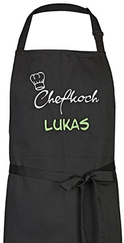 Wolimbo Kochschürze mit Namen - schwarz - Grillschürze Küchenschürze personalisiert mit verstellbarem Nackenband - Schürze selbst gestalten mit Motiv