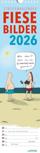 Fiese Bilder Streifenkalender 2026: Monatskalender für die Wand: Streifenplaner mit Spiralbindung, schmal im Format 12 x 46 cm | Planer mit Schwarzem Humor zum Aufhängen