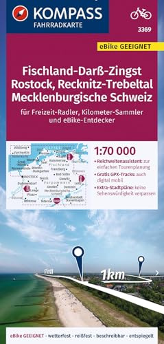 KOMPASS Fahrradkarte 3369 Fischland-Darß-Zingst, Rostock, Recknitz-Trebeltal, Mecklenburgische Schweiz 1:70.000: reiß- und wetterfest mit Extra Stadtplänen