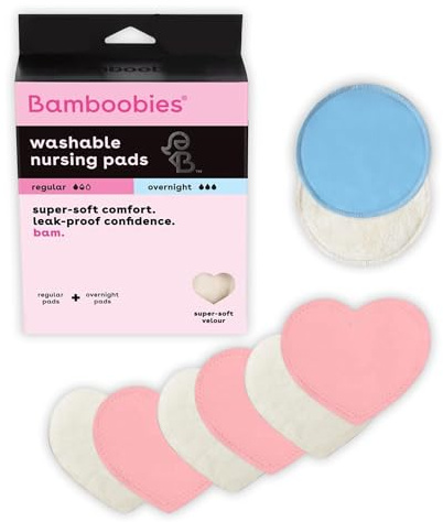 Bamboobies Nursing Pads, Ultra-Soft Velour, Reusable, Washable & Leak-Proof, 6 Ultra-Thin and 2 Overnight Pads for Breastfeeding