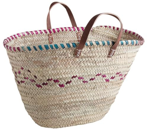 AUBRY GASPARD - Panier L en Palmier et Cuir - Poignées en Cuir - Longueur 60 cm x Largeur 25 cm - Design Élégant et Authentique - Idéal pour Sorties et Pique-niques - Léger et Spacieux