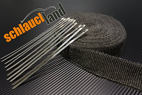 Schlauchland 20m Hitzeschutzband schwarz 50mm 1000°C + 10 Kabelbinder Auspuffband Thermoband Krümmerband Heat Wrap Basaltfaser Isolierband Hitzeschutz