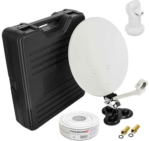 PremiumX Camping SAT Anlage Satelliten-Schüssel Single LNB 10m Kabel 2X F-Stecker Tischhalter Masthalter Saugfuß im Koffer ideales Camp Zubehör