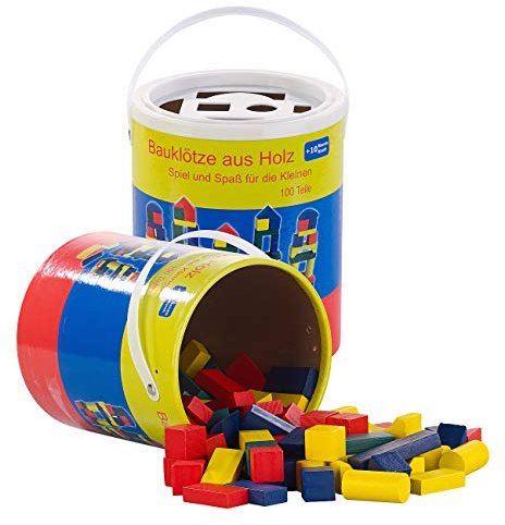 Playtastic Bauklötze: 2er-Set Holzbausteine, Aufbewahrungseimer, 100 St., 4 Farben, 6 Formen (Spielbausteine, Spielzeugsteine, Farbe)