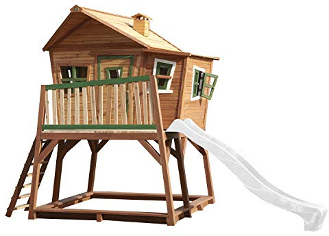 AXI Max Maison Enfant avec Bac à Sable & Toboggan Blanc | Aire de Jeux pour l'extérieur en Marron & Vert | Maisonnette/Cabane de Jeu en Bois FSC