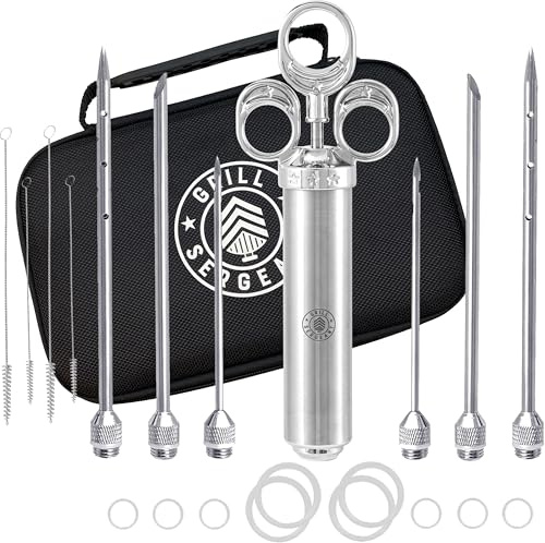 Grill Sergeant Professional Meat Injector, Marinade Syringe Set, Zippered Storage & Travel Case, 304 Stainless Steel, No Aluminum, 6 Needles, 2.5 oz Capacity, 4 Cleaning Brushes