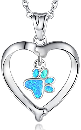 INFUSEU Kettenanhänger Silber Hund, 925 Kette Herz Hundepfoten Tier Schmuck Opalblau Hundepfote Anhänger Tierliebhaber Hundehalskette Geschenke Für Frauen