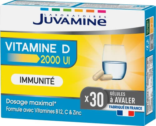 JUVAMINE Vitamine D 2000 UI, Immunité, Vitalité, Vitamine B12, Vitamine C, Vitamine D3 Et Zinc, Programme de 1 Mois, 30 Gélules, Fabriqué en France