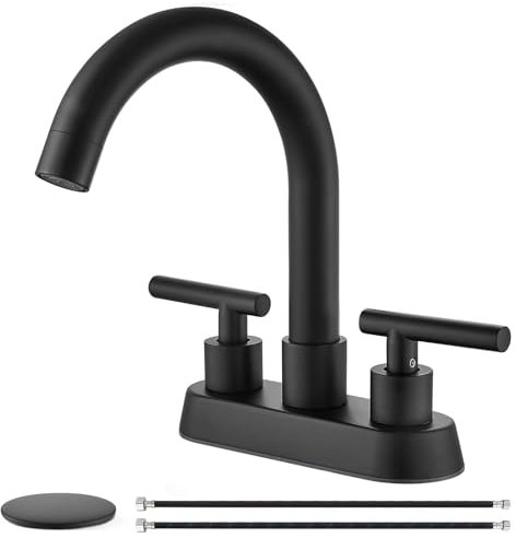 Cinwiny Grifo de lavabo de baño negro mate de 4 pulgadas SUS304 con doble mango giratorio, montaje en cubierta, grifo mezclador con drenaje emergente, grifos de tocador de baño