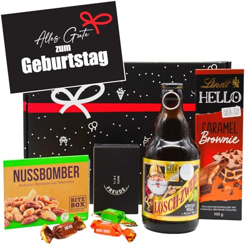 Geburtstag-Geschenkset „Bier & Snack | Gefüllter Geschenkkorb mit Grußkarte & Lindt Schokolade | Geschenk Set für Männer & Bierliebhaber