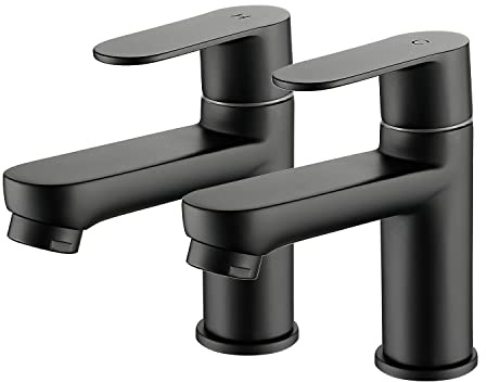Maynosi Bathroom Basin Pillar Taps, 1/2 C Pair Sink Mixer Taps, 1/4 Turn Cloakroom Twin Faucets, 2 PCS Modern Round Style Taps, Solid Brass, Matte Black