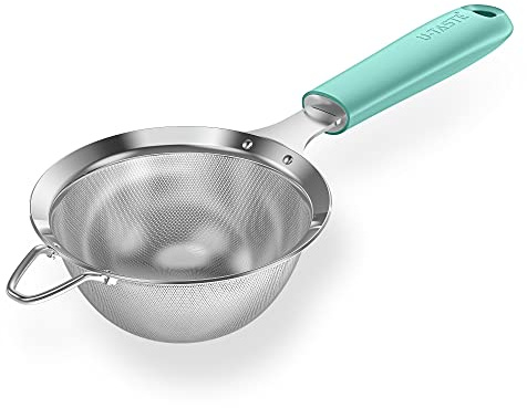 18/8 Stainless Steel Mesh Strainer: U-Taste 3.9 Inch Kitchen Fine Mesh Sieve Food Colander with Riveted Sturdy Silicone Handle and 30 Mesh Hole for Straining Flour, Quinoa, Tea, Juice (Aqua Sky)