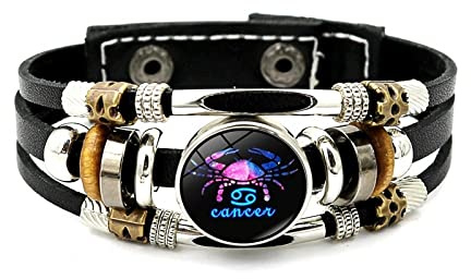 LODMLOER Leuchtendes Lederarmband Mit 12 Sternbildern – Zwölf Sternzeichen,Mehrschichtiges Web-Punk-Armband,Waage,Skorpion,Jungfrau,Löwe,Knopf-Zeit-Edelstein-Armband Für Damen Und Herren