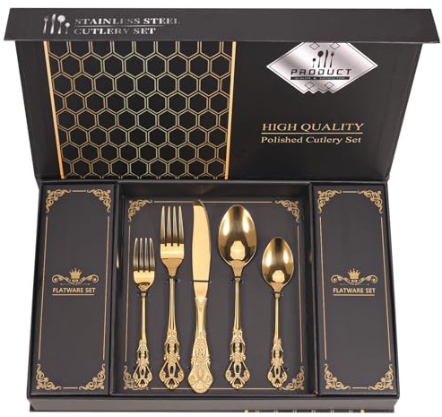 Retro Royal Gold Silverware Set With Gift Box For 8 Cutlery Set Utensils Stainless Steel Flatware 40 Pieces MIKIWAY Kitchen Tableware Set For Gifts Festive, Dishwasher Safe, Mirror Polishing