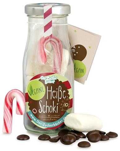 Der Zuckerbäcker DIY vegane heiße Schoki – vegane Schokolade mit veganen Marshmallows und Zuckerstange zum Selbermachen in hochwertiger Glas-Flasche, süße Geschenk-Idee zu Weihnachten und Nikolaus
