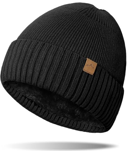 NEOLA Men’s Beanie Hat – Warm, Soft Fleece-Lined Knit Beanie for Winter – Comfortable, Snug Fit, Stretchy, Velvety Inner Lining – Stylish & Durable Black