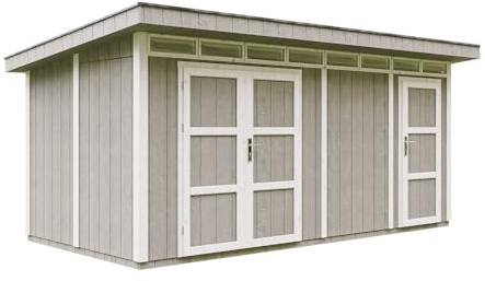 Gartenhaus Premium Qualität 8.52+2.95 m² - L279xW530cm -All-Inclusive-Set mit Boden, Bitumen-Dachziegeln, Farbset- Hochwertiger Geräteschuppen aus Holzwerkstoffplatten LP Smartside - Tundra Grey