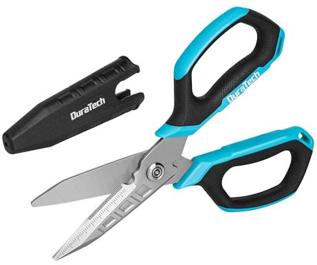 DURATECH Forbici multifunzione 4 in 1, pesanti, forbici in acciaio inox con lama curva e dentata, con tagliafili, apriscatole e cappuccio protettivo, per tessuto, moquette, pelle, cartone