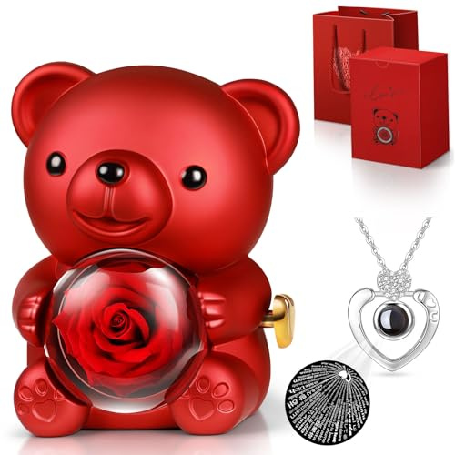 Hnustbo Rose Eternelle avec Collier I Love You, Nounours Ours en Rose Idee Cadeau pour Femme Mère Maman Amie, Cadeau Fete des Meres, Cadeau Saint Valentin Femme Cadeau Original Noel Anniversaires