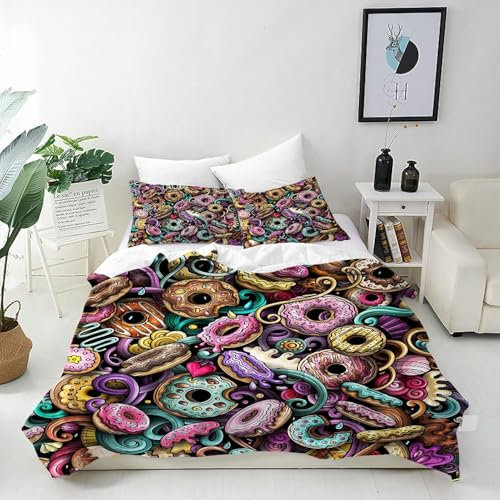 BSYYZQC Copripiumino Matrimoniale Stampa Ciambella Copripiumino Microfibra Stampato Colorato Copri Piumino 250x200 Morbido Morbida e 2 Federa 50x80 cm con Cerniera