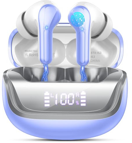 Ecouteurs Bluetooth sans Fil, Écouteur sans Fil Bluetooth 5.4 avec HiFi Stéréo Basses Casque, Temps d'appel 48H, 4 ENC Appel Réduction Antibruit Mic, Ajustement Confortable, IPX7 Étanche Violet Clair
