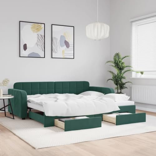 IKAYAA Sofá Cama Extraíble con Cajones Sofá Convertible en Cama Individual 90 x 200 cm Cama Divan Sofá Cama Matrimonio de Terciopelo Estructura de Sofá Cama Diseño Moderno Verde Oscuro Type 3