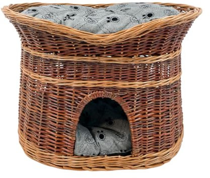 Katzenkorb zum Schlafen – Katzenhütte Indoor – Größe L: 60 cm oval – Katzenhöhle aus Weide – Zweistöckiger Hunde – oder Katzenbett mit waschbaren Kissen in Graue – Lackierter Korb
