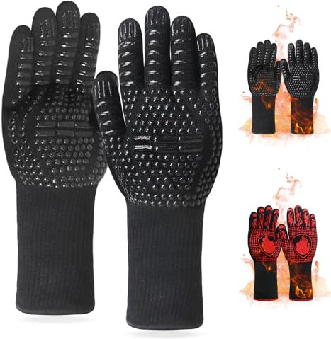 Heat Proof BBQ Gloves 800°C / 1472°F,Cut-Resistant Grill Gloves Fireproof Mitts,Non-Slip Silicone Cooking Gloves for Barbecue,Grilling,Oven,Cooking,Soldering (Black)