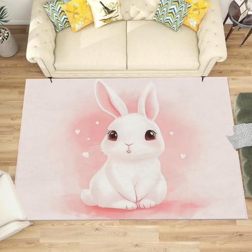NAWVNMI Kurzflor Kinderteppich für Jungen und Mädchen 60 x 90 cm Kaninchen - Hase Rosa - Waschbarer Teppich Extra Weich und Antiallergen - Teppich Kinderzimmer, Babyzimmer und Spielzimmer