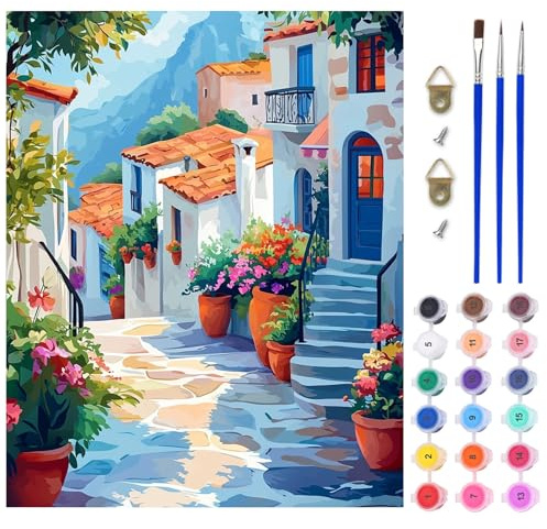 AIRDEA Calle griega Pintar por Numeros Adultos, DIY Pintura por Numeros Adultos, Plantas en maceta Paint By Numbers Adult Pintura al óleo de Lienzo con Pinceles Pigmento Acrílico 40x50 cm (Sin Marco)