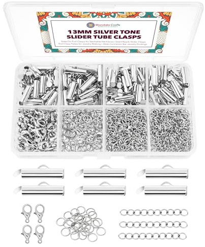 Mandala Crafts 13mm Silver Tone Seed Bead Sliders Clasps for Jewelry Making – 300 Slide Connectors Bars End Clasp Tubes Caps Finding
