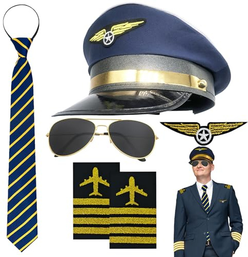 DTAOZFA 6 Stücke Pilot Kapitän Kostüm Zubehör, Flieger Kapitän Verkleidung Accessoires, Flieger Verkleidung Accessoires, Wird für Karnevalsfeiern, Rollenspiele usw. Verwendet (6, Blau)