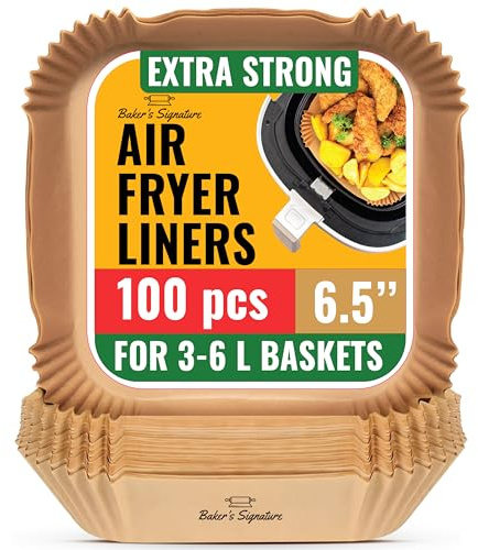 Air Fryer Liners 100 Pcs, 6.5 Square Non-Stick Parchment, Oil Proof | Disposable for easy cleanup; unbleached, BPA-free and PFAS-free; fits most 3-6 L baskets