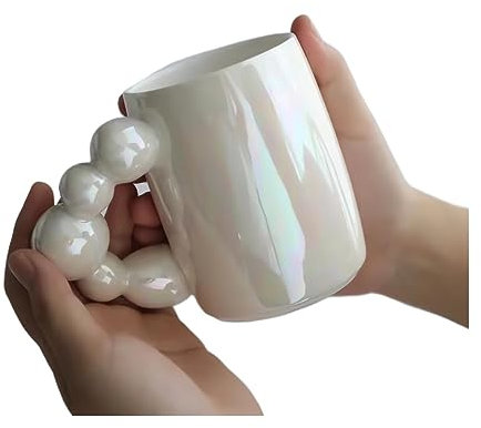 GEK208130 Moderno Tazas blancas perla, tazas de café de cerámica de estilo coreano, taza de café con asa de burbuja for desayuno, leche, zumo, taza de té, apta for microondas Vajilla(Blanco)
