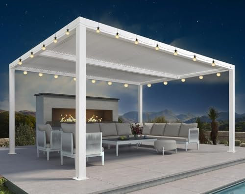 Pérgola bioclimática con cadena de luces LED, 4,8 x 3,68 m, aluminio para exteriores con listones ajustables, 17,66 m², toldo de jardín blanco para espacios al aire libre