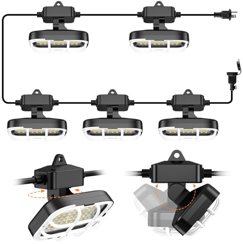 50ft LED Construction String Lights,Super Bright 7500lm 75w Adjuest 90&180 Degrees On Both Sides Waterproof IP66 Led String Work Lights, Construction Temporary Lights (50ft-Adjustable 5lights).