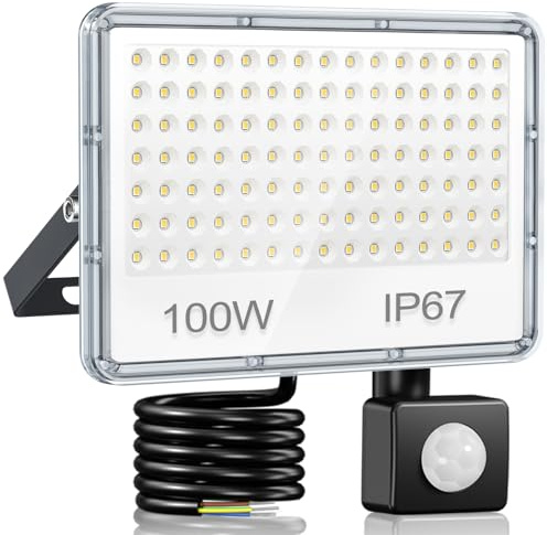 YIQIBRO Projecteur LED Extérieur avec détecteur 100W 10000LM, Lot de 1 | 6500K Blanc Froid Spot LED Extérieur Detecteur de Mouvement, IP67 Imperméable Lumiere Exterieur pour Jardin Patio Cour Garage