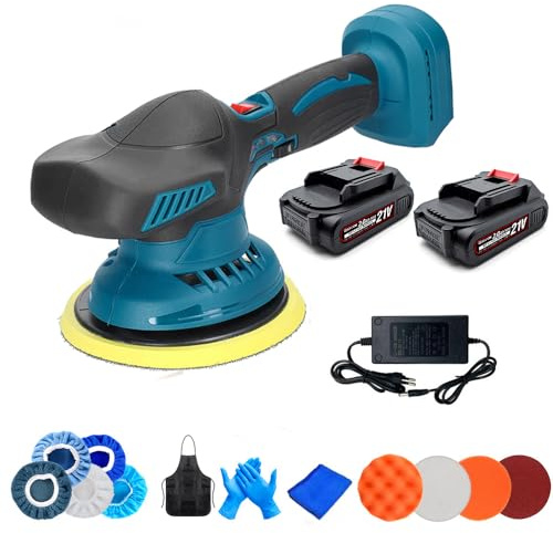 Pulidora de coche inalámbrica 150 mm, 21 V, pulidora orbital con 2 baterías, 6 velocidades variables, 2800-5500 rpm, kit de pulido excéntrico de 12 mm, para detalles del coche, pulido, encerado
