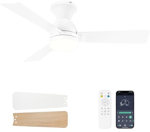 Dolavast Ceiling Fans with Lights and Remote, 42 Inch Ceiling Fan with Light, Low Profile, Reversible, Dimmable LED, Flush Mount, Quiet, DC Motor, White Ceiling Fan for Bedroom, Kitchen, Dining Room