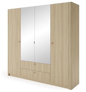 FURNLUX Viki Wardrobe, Beige/Oak, 213 x 55 x 208 cm, Scandinavian Style, 4 Doors, 12 Shelves, 2 Drawers, Laminated Chipboard