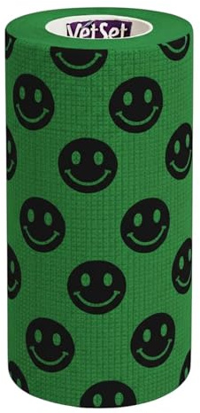 VetSet WrapTec Vet Wrap Cohesive Bandage Rolls 100mm, Smiley Green | 4.5m Self-adhesive flexible wrap for horses and dogs; non-slip support for legs, tendons and hoof poultices