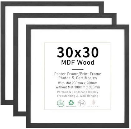 ATOBART 30x30cm Schwarz Bilderrahmen MDF Holz,3er Set 12x12 zoll Fotorahmen mit Acrylglas, Picture Frame 30x30 zum Aufhängen,Holzrahmen mit Passepartout für 20x20cm Dokumente,Zertifikate,Fotos,Poster