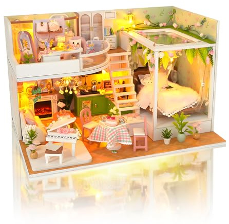Cuteefun DIY Puppenhaus Häuser mit Staubschutzhaube & LED Licht | Kreatives Handwerk & Wohndekoration, für Erwachsene und Jugendliche, Weihnachten, Geburtstag Geschenk (Blütenwinkel)